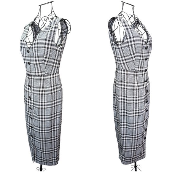 Veronica Beard Lark XS 2 V-Neck Button-Front Black White Plaid Sheath Midi Dress - Picture 3 of 9